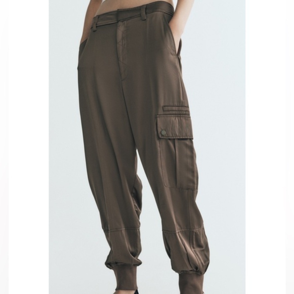 Zara Brown Satin effect Cargo Jogger Pants NWT